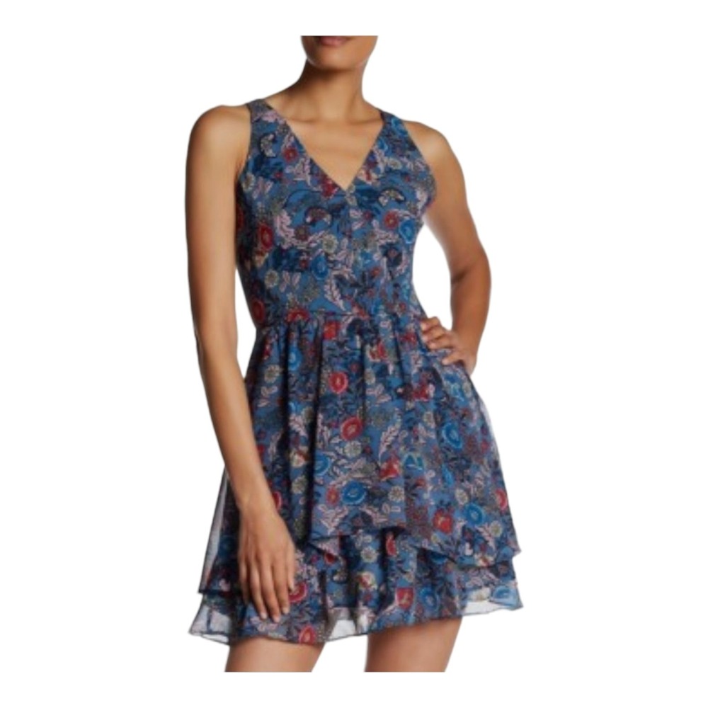 Adelyn Rae Dress Large Blue Floral Sleeveless Wrap Ruffle Hem Keyhole Back NWT